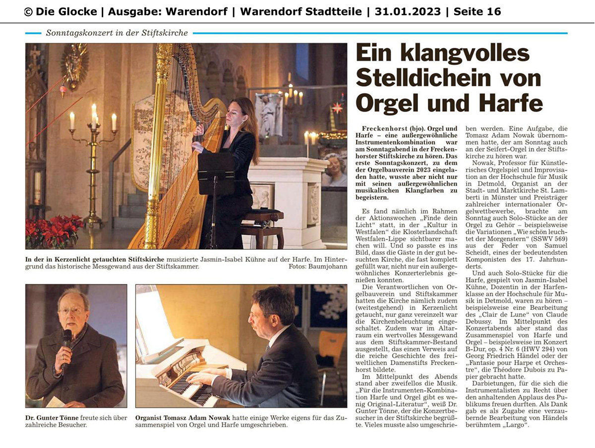 Glocke 31.01.23 Ein klangvolles Stelldichein von Orgel und Harfe
